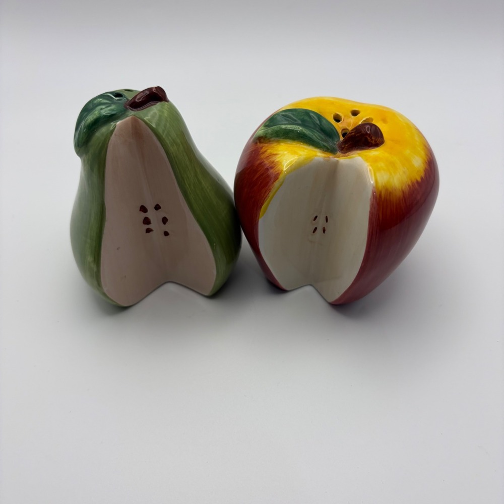Ceramic Apple and Pear Salt and Pepper Shakers Red Green Fruit Set